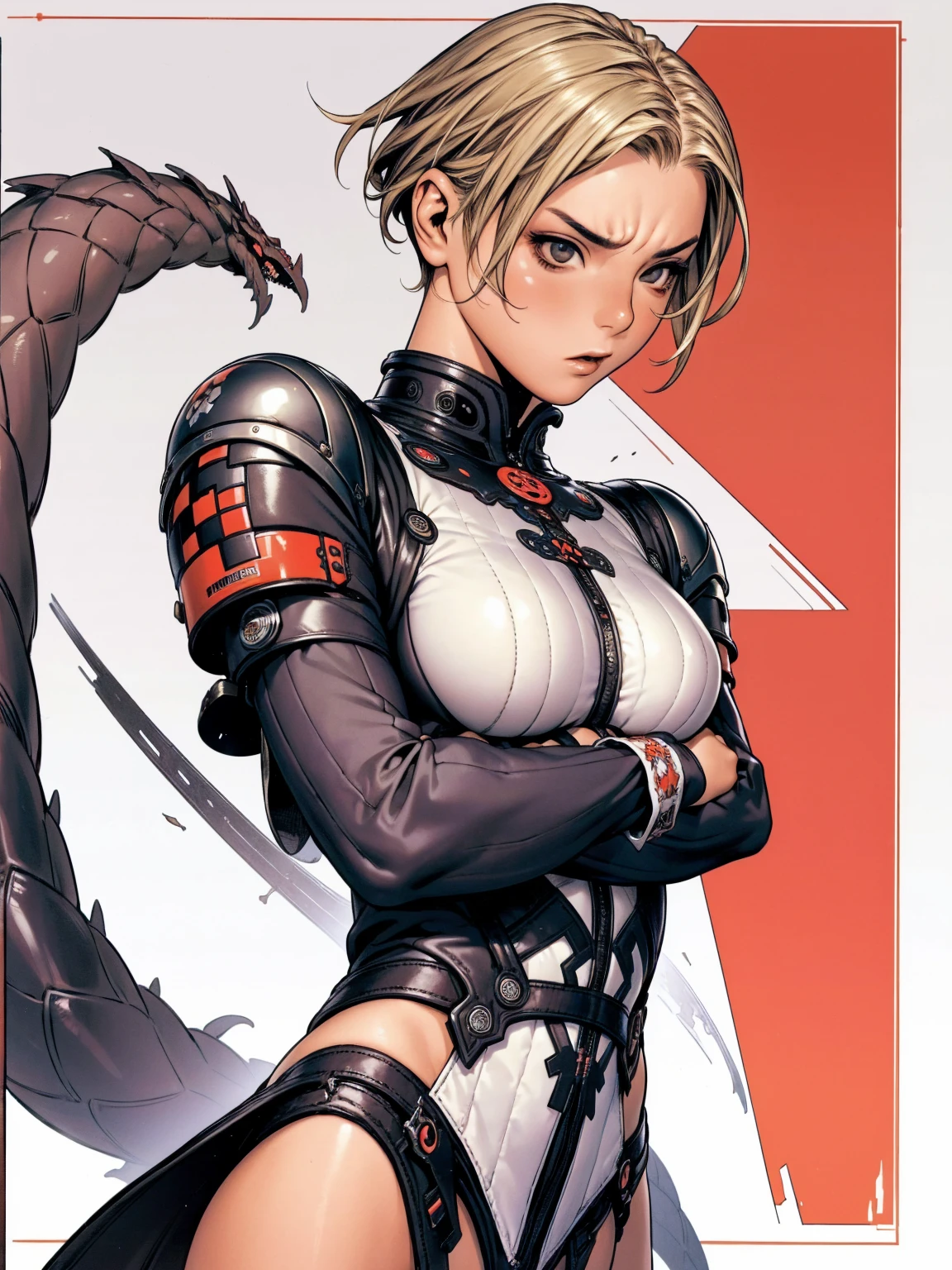 (((red checkered pattern, white and black))), (((Short Blonde Hair))), The most powerful girl on the planet in an aggressive evil dragon outfit, arms with scale textures, agility, fighter pose, expression of hatred on the face, best qualityer, high resolution, action pose, fully body