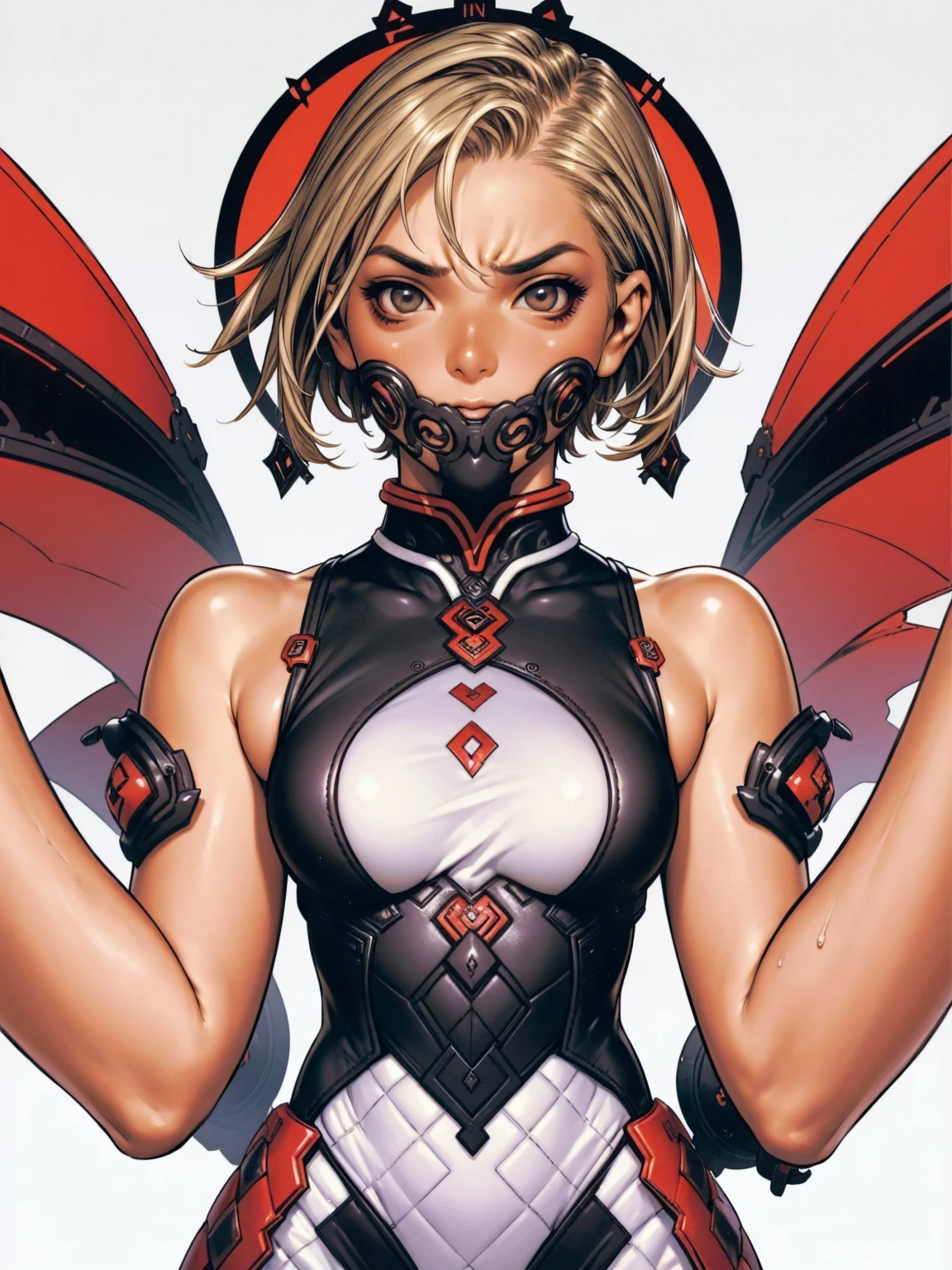 (((red checkered pattern, white and black))), (((Short Blonde Hair))), The most powerful girl on the planet in an aggressive evil dragon outfit, arms with scale textures, agility, fighter pose, expression of hatred on the face, best qualityer, high resolution, action pose, fully body