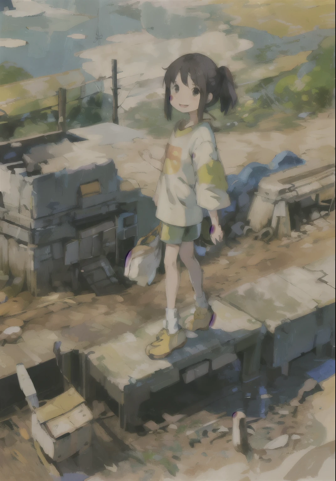 work of art:1.4), (best qualityer:1.4), (high resolution:1.4), ogino chihiro, hypdertailed, long-arm shirt, shorts, yellow shoes, plein-air, East Asian architecture, ssmile, ;d ,colorfully, hight contrast