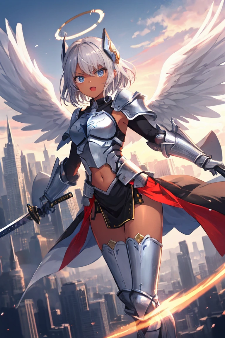 fantasy, 1angel_girl, low_teen, dark_brown_hair,long_bangs, (dark_skin)+, bare_shoulder, navel out, thighhighs,silver_shiny_armor, white_clothes,waist_armor, Glebe, hold_swords_emits_light, medium_breasts, dynamic_flying_pose,Floating, (1pair_white_wings:1.2),(pelvic_curtain:1.3), silver_Headgear ,looking_down_at_sunset_city_sky_background,,slightly_spread_legs, some_swords_emits_light,some_swords_emits_light_floating_around_the_girl,solo,glare_halo,angry,shout,open_mouth,open_legs,open_arms,rise_knee,rise_leg,rise_thigh,rise_leg,forward_leaning_posture,apart_legs,