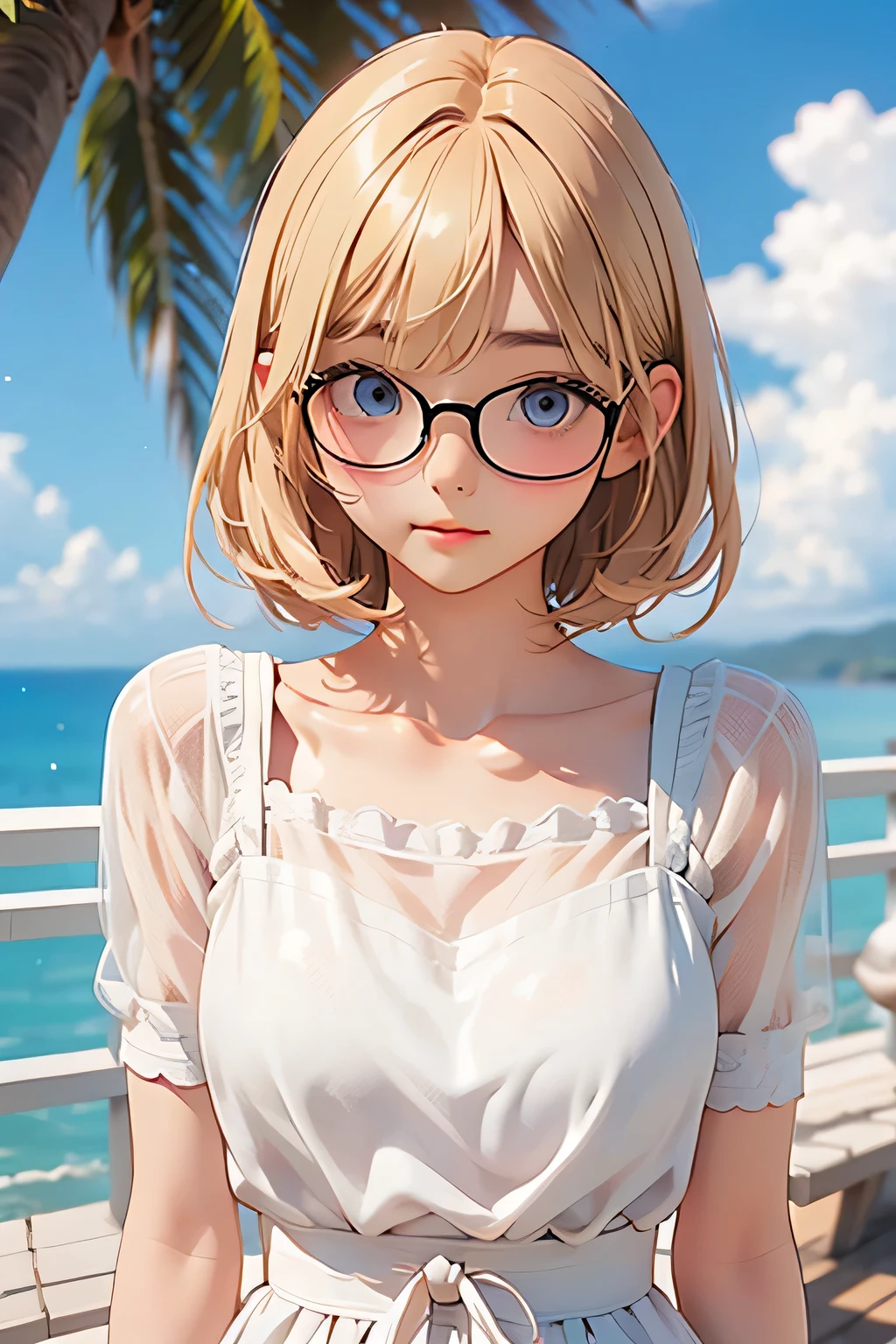 highest quality、Realistic、girl、Blonde Hair、Light blue eyes、short hair、Glasses、White dress、Tanned dark skin、Tan Skin、Brown black skin、Plump、Ocean、Bust Shot