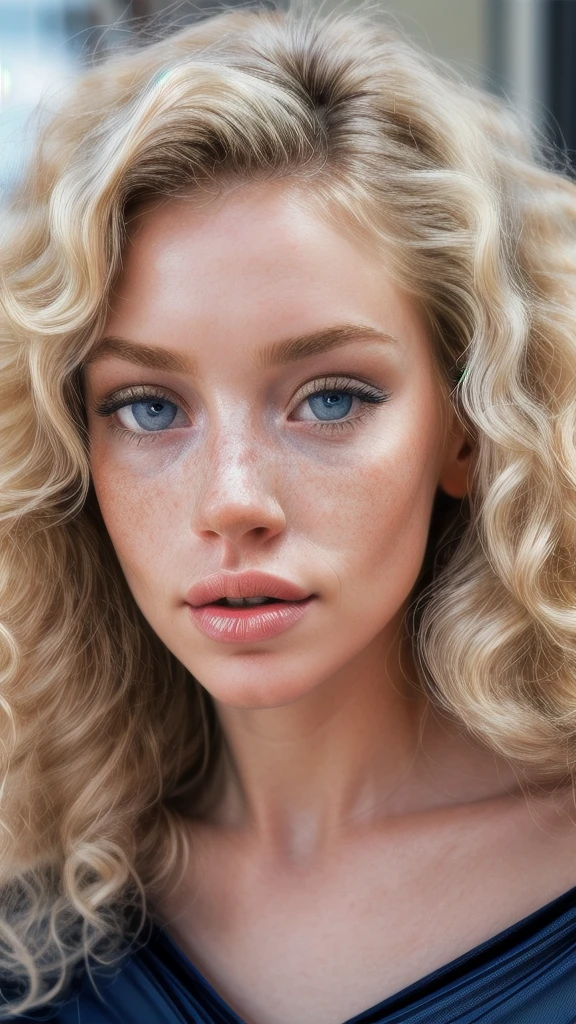 Dynamic Vision Close-up of 1 albino woman with freckles, extremely thin and sensual, blonde hair ((curly)) slightly messy (over the eyes), with large and highly detailed light blue eyes, large and curved eyelashes, making a sensual pout with her mouth , extremely beautiful, with exuberant beauty, perfect symmetry, perfect body, detailed skin with quality and depth, she is wearing an oversized navy blue baltimore rinno force football shirt, ultra-realistic image, perfect symmetry, vibrant and clear, dynamic vision, high level of detail and definition, 1200 PPI – Photographic resolution with greater central realism, hyper-realistic and high-fidelity cinematic 4K UHD image resolution.