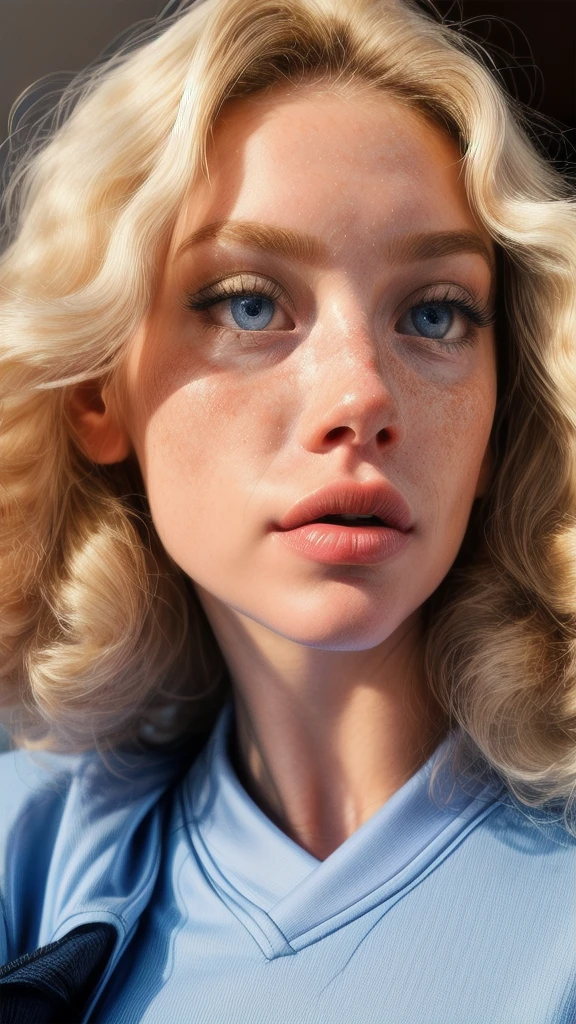 Dynamic Vision Close-up of 1 albino woman with freckles, extremely thin and sensual, blonde hair ((curly)) slightly messy (over the eyes), with large and highly detailed light blue eyes, large and curved eyelashes, making a sensual pout with her mouth , extremely beautiful, with exuberant beauty, perfect symmetry, perfect body, detailed skin with quality and depth, she is wearing an oversized navy blue baltimore rinno force football shirt, ultra-realistic image, perfect symmetry, vibrant and clear, dynamic vision, high level of detail and definition, 1200 PPI – Photographic resolution with greater central realism, hyper-realistic and high-fidelity cinematic 4K UHD image resolution.