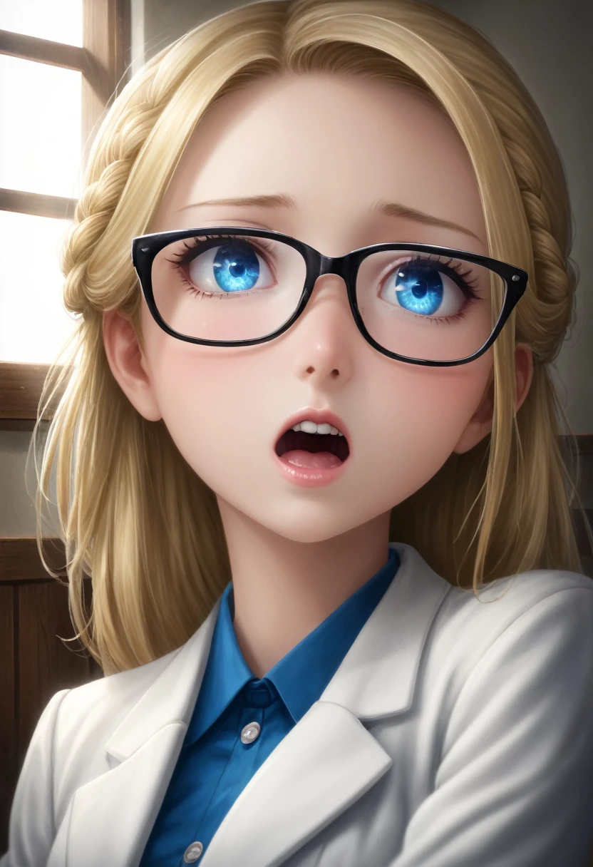 detailed illustration, dynamic angle, ultra-detailed, illustration, clean line art, shading, anime, detailed eyes, detailed face, beautiful face, dramatic lighting, detailed illustration, dynamic angle, ultra-detailed, illustration, single woman, masterpiece, masterwork, beautiful, blue eyes, whole body shot
Thin, willowy, lithe, a cup breasts, narrow hips, creamy white skin, pale skin tone, blonde hair in a french braid, lab coat, glasses, professional, shy, quiet, mousy, conservatively dressed, puritanical, college age, look of pain on face, yelling, veins bulging, hunched over, hugging self