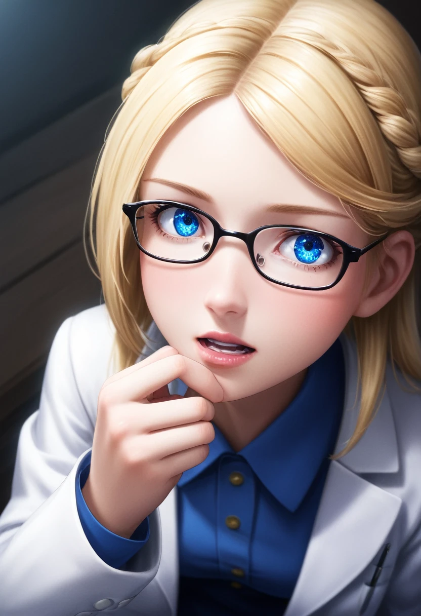 detailed illustration, dynamic angle, ultra-detailed, illustration, clean line art, shading, anime, detailed eyes, detailed face, beautiful face, dramatic lighting, detailed illustration, dynamic angle, ultra-detailed, illustration, single woman, masterpiece, masterwork, beautiful, blue eyes, whole body shot
Thin, willowy, lithe, a cup breasts, narrow hips, creamy white skin, pale skin tone, blonde hair in a french braid, lab coat, glasses, professional, shy, quiet, mousy, conservatively dressed, puritanical, college age, look of pain on face, yelling, veins bulging, hunched over, hugging self