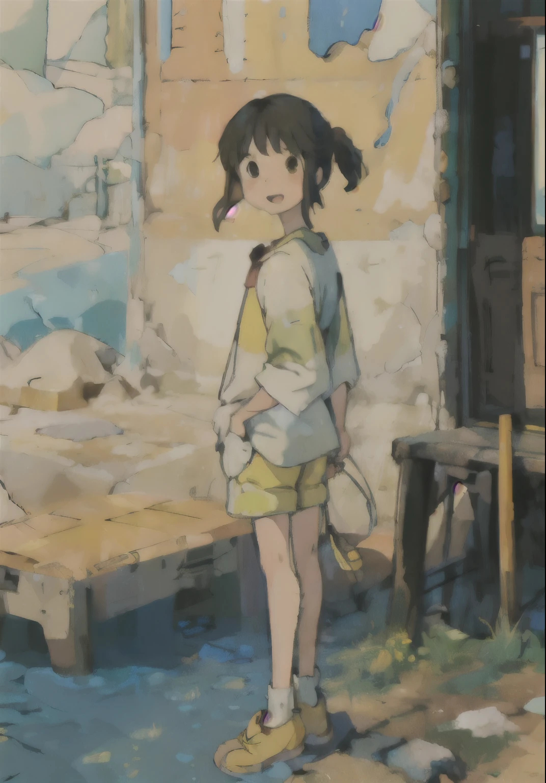work of art:1.4), (best qualityer:1.4), (high resolution:1.4), ogino chihiro, hypdertailed, long-arm shirt, shorts, yellow shoes, plein-air, East Asian architecture, ssmile, ;d ,colorfully, hight contrast