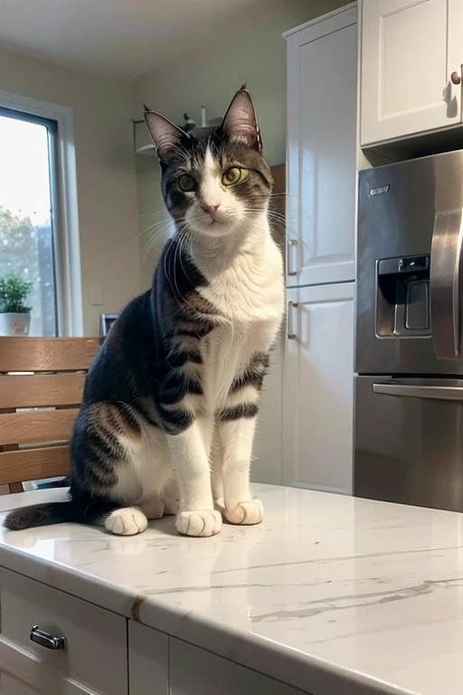 there is a cat sitting in a dishwasher in the kitchen, making a majestic pose, a handsome, sit casually, Cat on the table, Cat on the table in front of her, looking directly at the camera, awesome cat, on the kitchen table, sitting on his throne, Sitting at a table, Mischievous!!, proud looking away, proud look