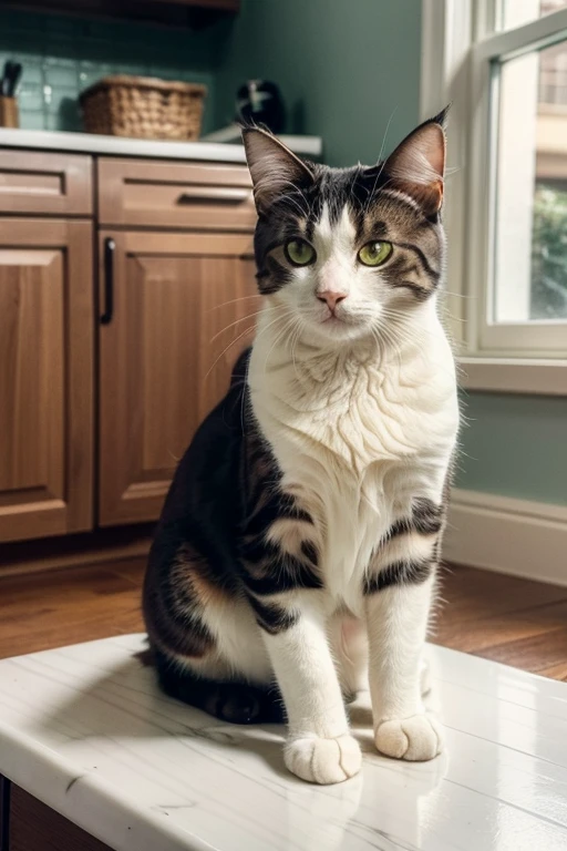there is a cat sitting in a dishwasher in the kitchen, making a majestic pose, a handsome, sit casually, Cat on the table, Cat on the table in front of her, looking directly at the camera, awesome cat, on the kitchen table, sitting on his throne, Sitting at a table, Mischievous!!, proud looking away, proud look