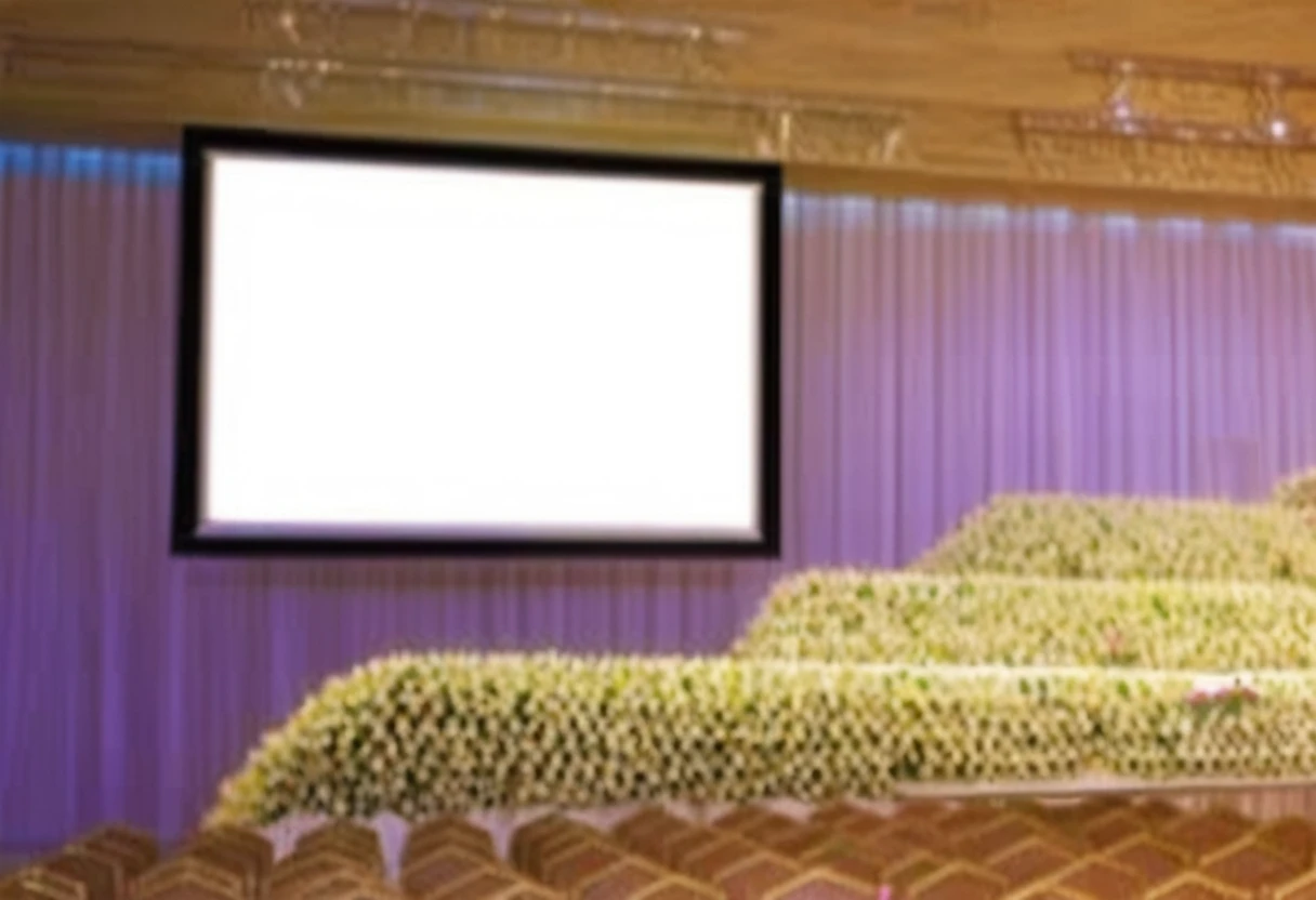 A typical funeral hall in Japan, Simple white wall, curtain,screen, Symmetrical, Hinomaru composition, Flowers, The room has a table and flowers, hole, altar, dark, projected by a projector