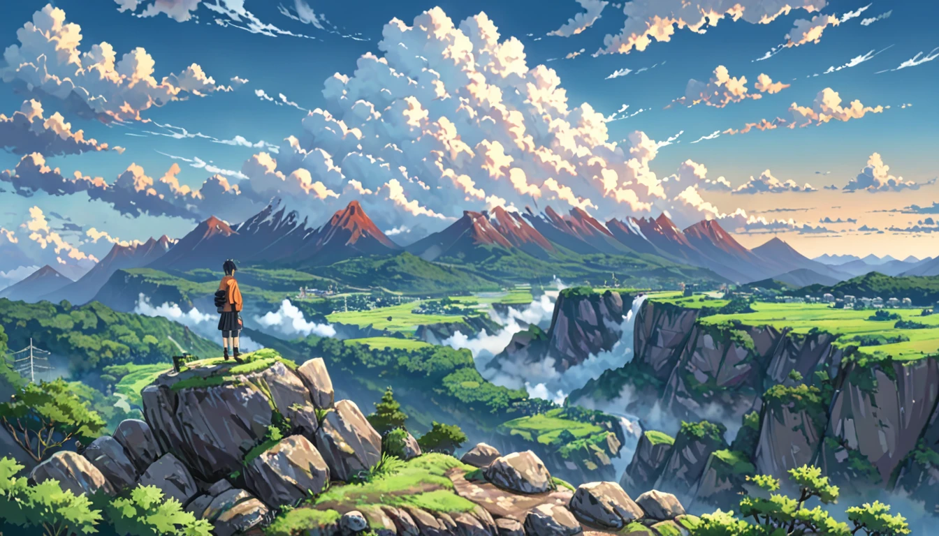 ((Anime: 1.4, Illustration)), (Masterpiece, Top Quality, Best Quality), (Ultra-Detailed, Absolutely Resolution), ((16k, HIGH RES)), ((Naruto)),  (Naruto's back as he stands on top of a rocky mountain. Naruto looks small and distant. Blue sky, cumulonimbus clouds, and a valley and river below the rocky mountain), ( Anime: 1.4, Illustration)), (Masterpiece, Top Quality, Best Quality), (Ultra-Detailed, Absolutely Resolution). Ak {Lofi Art, Style of Laurie Greasley, Style of Makoto Shinkai, Anime Aesthetic}, BREAK {(Produces IMAGES WITH ITH INFORMATION THAN 40 Million Pixels with Cinematic-Like Detailed Textures S Hot on a Sony slur).}