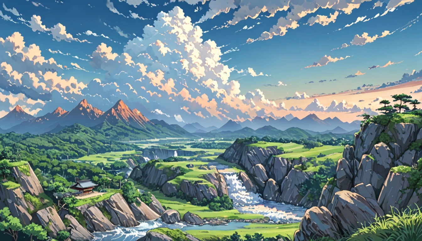 ((Anime: 1.4, Illustration)), (Masterpiece, Top Quality, Best Quality), (Ultra-Detailed, Absolutely Resolution), ((16k, HIGH RES)), ((Naruto)),  (Naruto's back as he stands on top of a rocky mountain. Naruto looks small and distant. Blue sky, cumulonimbus clouds, and a valley and river below the rocky mountain), ( Anime: 1.4, Illustration)), (Masterpiece, Top Quality, Best Quality), (Ultra-Detailed, Absolutely Resolution). Ak {Lofi Art, Style of Laurie Greasley, Style of Makoto Shinkai, Anime Aesthetic}, BREAK {(Produces IMAGES WITH ITH INFORMATION THAN 40 Million Pixels with Cinematic-Like Detailed Textures S Hot on a Sony slur).}