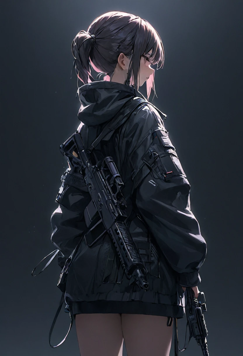 Techwear, girl, cyberpunk, back view, weapon, dark background