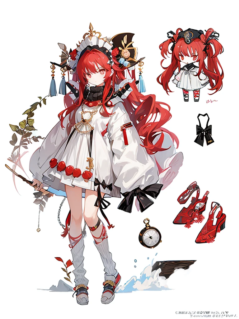 A girl，（Standing picture），（whole body），Character Design，Long hair，Fashion Design，Complex headdress，Complex clothes，cute，Everyday wear，Red Hair