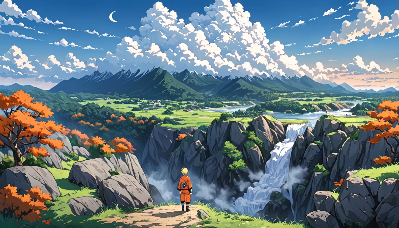 ((Anime: 1.4, Illustration)), (Masterpiece, Top Quality, Best Quality), (Ultra-Detailed, Absolutely Resolution), ((16k, HIGH RES)), ((Naruto)), (Naruto's back as he stands on top of a rocky mountain. Naruto looks small and distant. Blue sky, cumulonimbus clouds, and a valley and river below the rocky mountain), ( Anime: 1.4, Illustration)), (Masterpiece, Top Quality, Best Quality), (Ultra-Detailed, Absolutely Resolution). Ak {Lofi Art, Style of Laurie Greasley, Style of Makoto Shinkai, Anime Aesthetic}, BREAK {(Produces IMAGES WITH ITH INFORMATION THAN 40 Million Pixels with Cinematic-Like Detailed Textures S Hot on a Sony slur).}