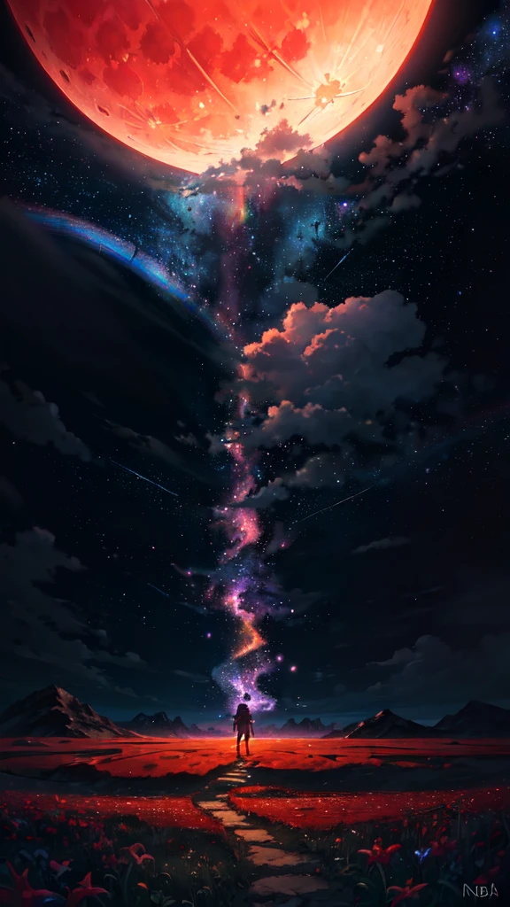 Vast landscape photography , (A view from below, with the sky above and the wide fields below), A girl standing in a flower field looking up, (full moon:1.2), ( shooting star:0.9), (nebula:1.3), Distant Mountain, Treebreak Production Art, (Warm light source:1.2), (fire Fly:1.2), lamp, Lots of purple and orange, Intricate details, Volumetric lighting, Realism BREAK
(masterpiece:1.2), (Highest quality), 4K, Super detailed, (Dynamic configuration:1.4), Very detailed, Colorful details,( Rainbow colors:1.2), (Shining Lights, Atmospheric lighting), dream-like, Magic, (alone:1.2)
