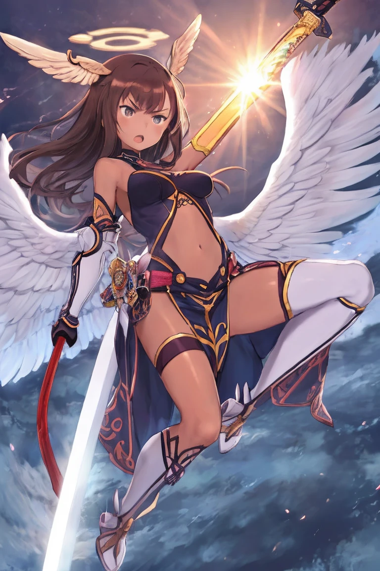 fantasy, 1angel_girl, low_teen, dark_brown_hair,long_bangs, (dark_skin)+, bare_shoulder, navel out, thighhighs,silver_shiny_armor, white_clothes,waist_armor, Glebe, hold_swords_emits_light, medium_breasts, dynamic_flying_pose,Floating, (1pair_white_wings:1.2),(pelvic_curtain:1.3), silver_Headgear ,looking_down_at_sunset_city_sky_background,,slightly_spread_legs, some_swords_emits_light,some_swords_emits_light_floating_around_the_girl,solo,glare_halo,angry,shout,open_mouth,open_legs,open_arms,rise_knee,rise_leg,rise_thigh,rise_leg,forward_leaning_posture,apart_legs,