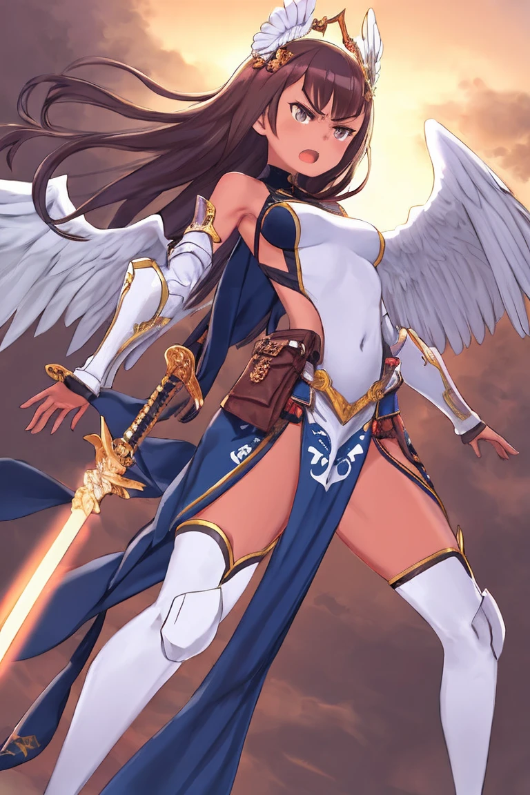 fantasy, 1angel_girl, low_teen, dark_brown_hair,long_bangs, (dark_skin)+, bare_shoulder, navel out, thighhighs,silver_shiny_armor, white_clothes,waist_armor, Glebe, hold_swords_emits_light, medium_breasts, dynamic_flying_pose,Floating, (1pair_white_wings:1.2),(pelvic_curtain:1.3), silver_Headgear ,looking_down_at_sunset_city_sky_background,,slightly_spread_legs, some_swords_emits_light,some_swords_emits_light_floating_around_the_girl,solo,glare_halo,angry,shout,open_mouth,open_legs,open_arms,rise_knee,rise_leg,rise_thigh,rise_leg,forward_leaning_posture,apart_legs,