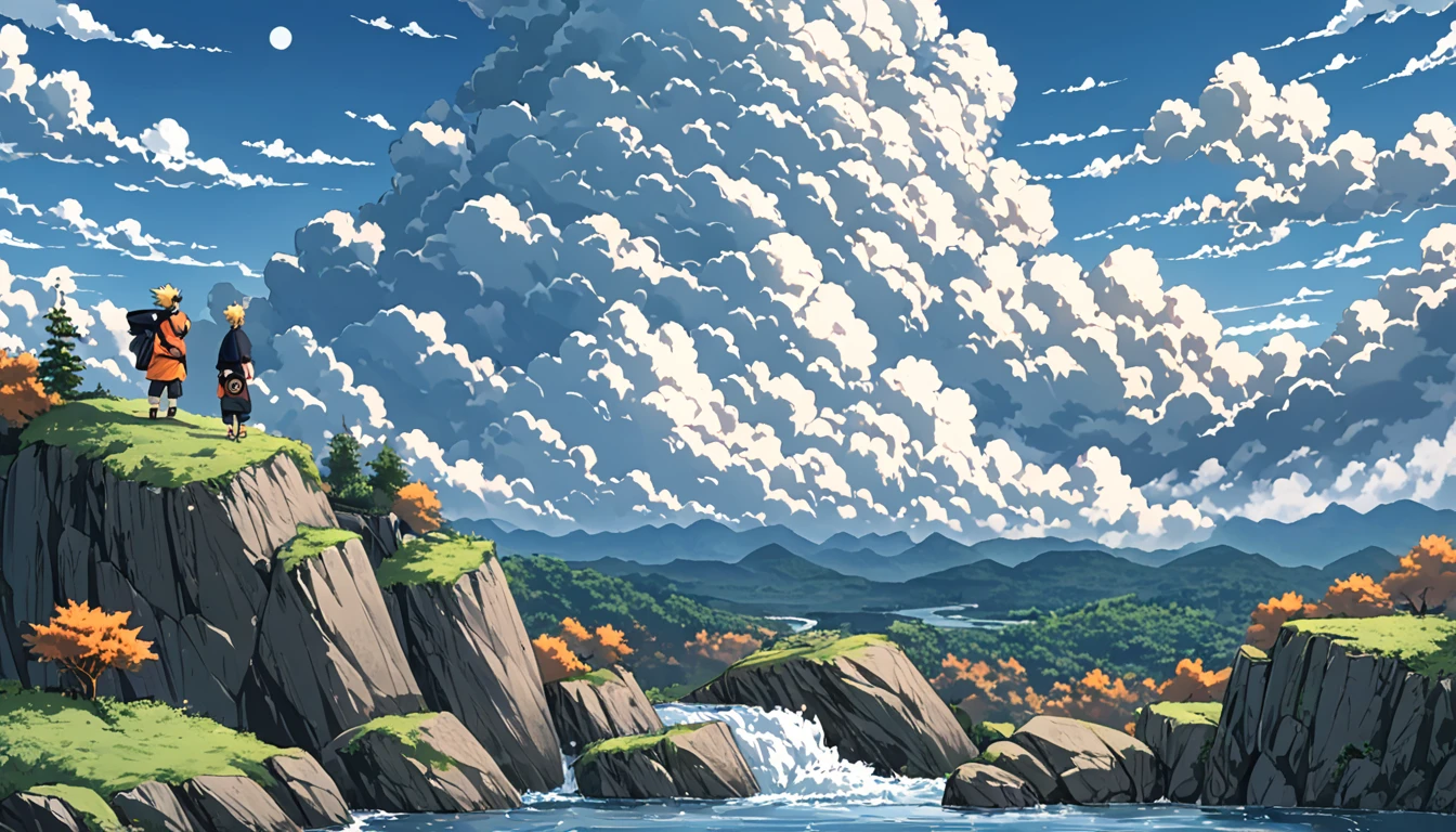 ((Anime: 1.4, Illustration)), (Masterpiece, Top Quality, Best Quality), (Ultra-Detailed, Absolutely Resolution), ((16k, HIGH RES)), ((Naruto)), (Naruto's back as he stands on top of a rocky mountain. Naruto looks small and distant. Blue sky, cumulonimbus clouds, and a valley and river below the rocky mountain), ( Anime: 1.4, Illustration)), (Masterpiece, Top Quality, Best Quality), (Ultra-Detailed, Absolutely Resolution). Ak {Lofi Art, Style of Laurie Greasley, Style of Makoto Shinkai, Anime Aesthetic}, BREAK {(Produces IMAGES WITH ITH INFORMATION THAN 40 Million Pixels with Cinematic-Like Detailed Textures S Hot on a Sony slur).}