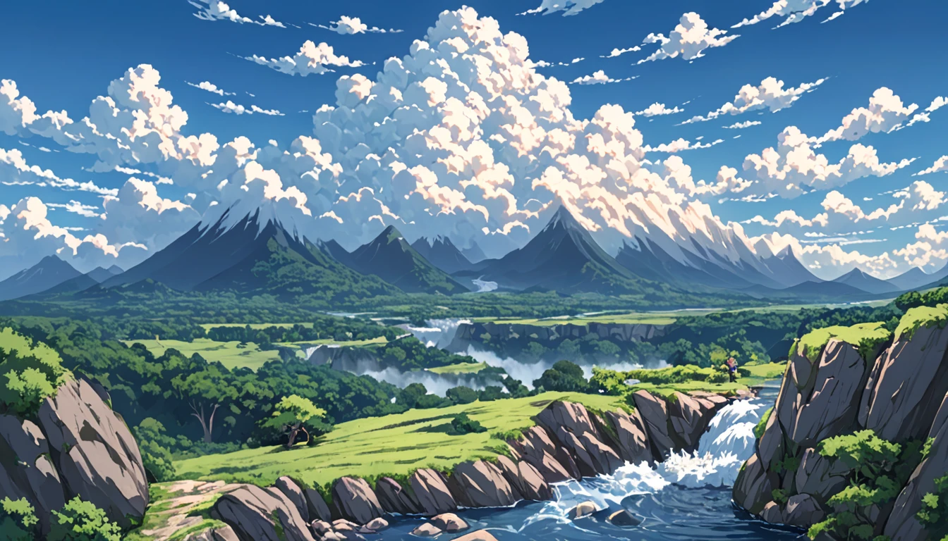 ((Anime: 1.4, Illustration)), (Masterpiece, Top Quality, Best Quality), (Ultra-Detailed, Absolutely Resolution), ((16k, HIGH RES)), ((Naruto)),  (Naruto's back as he stands on top of a rocky mountain. Naruto looks small and distant. Blue sky, cumulonimbus clouds, and a valley and river below the rocky mountain), ( Anime: 1.4, Illustration)), (Masterpiece, Top Quality, Best Quality), (Ultra-Detailed, Absolutely Resolution). Ak {Lofi Art, Style of Laurie Greasley, Style of Makoto Shinkai, Anime Aesthetic}, BREAK {(Produces IMAGES WITH ITH INFORMATION THAN 40 Million Pixels with Cinematic-Like Detailed Textures S Hot on a Sony slur).}