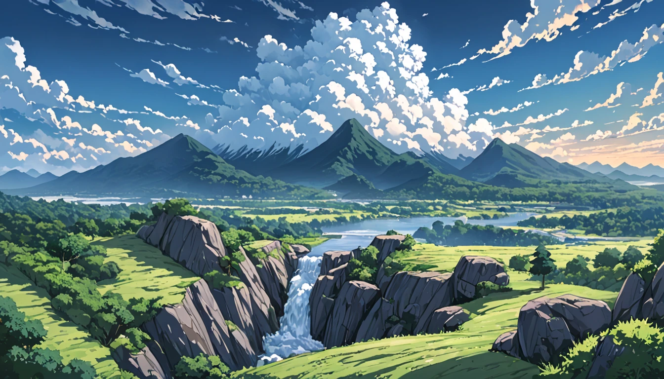 ((Anime: 1.4, Illustration)), (Masterpiece, Top Quality, Best Quality), (Ultra-Detailed, Absolutely Resolution), ((16k, HIGH RES)), ((Naruto)),  (Naruto's back as he stands on top of a rocky mountain. Naruto looks small and distant. Blue sky, cumulonimbus clouds, and a valley and river below the rocky mountain), ( Anime: 1.4, Illustration)), (Masterpiece, Top Quality, Best Quality), (Ultra-Detailed, Absolutely Resolution). Ak {Lofi Art, Style of Laurie Greasley, Style of Makoto Shinkai, Anime Aesthetic}, BREAK {(Produces IMAGES WITH ITH INFORMATION THAN 40 Million Pixels with Cinematic-Like Detailed Textures S Hot on a Sony slur).}