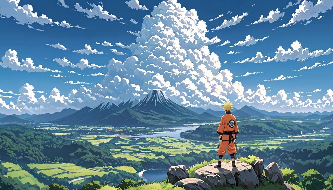 ((Anime: 1.4, Illustration)), (Masterpiece, Top Quality, Best Quality), (Ultra-Detailed, Absolutely Resolution), ((16k, HIGH RES)), ((Naruto)), (Naruto's back as he stands on top of a rocky mountain. Naruto looks small and distant. Blue sky, cumulonimbus clouds, and a valley and river below the rocky mountain), ( Anime: 1.4, Illustration)), (Masterpiece, Top Quality, Best Quality), (Ultra-Detailed, Absolutely Resolution). Ak {Lofi Art, Style of Laurie Greasley, Style of Makoto Shinkai, Anime Aesthetic}, BREAK {(Produces IMAGES WITH ITH INFORMATION THAN 40 Million Pixels with Cinematic-Like Detailed Textures S Hot on a Sony slur).}