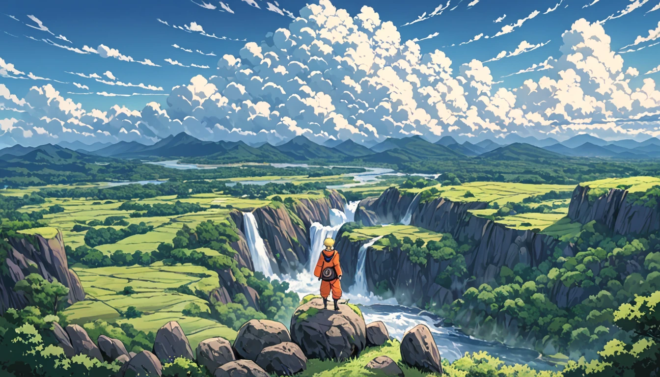 ((Anime: 1.4, Illustration)), (Masterpiece, Top Quality, Best Quality), (Ultra-Detailed, Absolutely Resolution), ((16k, HIGH RES)), ((Naruto)), (Naruto's back as he stands on top of a rocky mountain. Naruto looks small and distant. Blue sky, cumulonimbus clouds, and a valley and river below the rocky mountain), ( Anime: 1.4, Illustration)), (Masterpiece, Top Quality, Best Quality), (Ultra-Detailed, Absolutely Resolution). Ak {Lofi Art, Style of Laurie Greasley, Style of Makoto Shinkai, Anime Aesthetic}, BREAK {(Produces IMAGES WITH ITH INFORMATION THAN 40 Million Pixels with Cinematic-Like Detailed Textures S Hot on a Sony slur).}