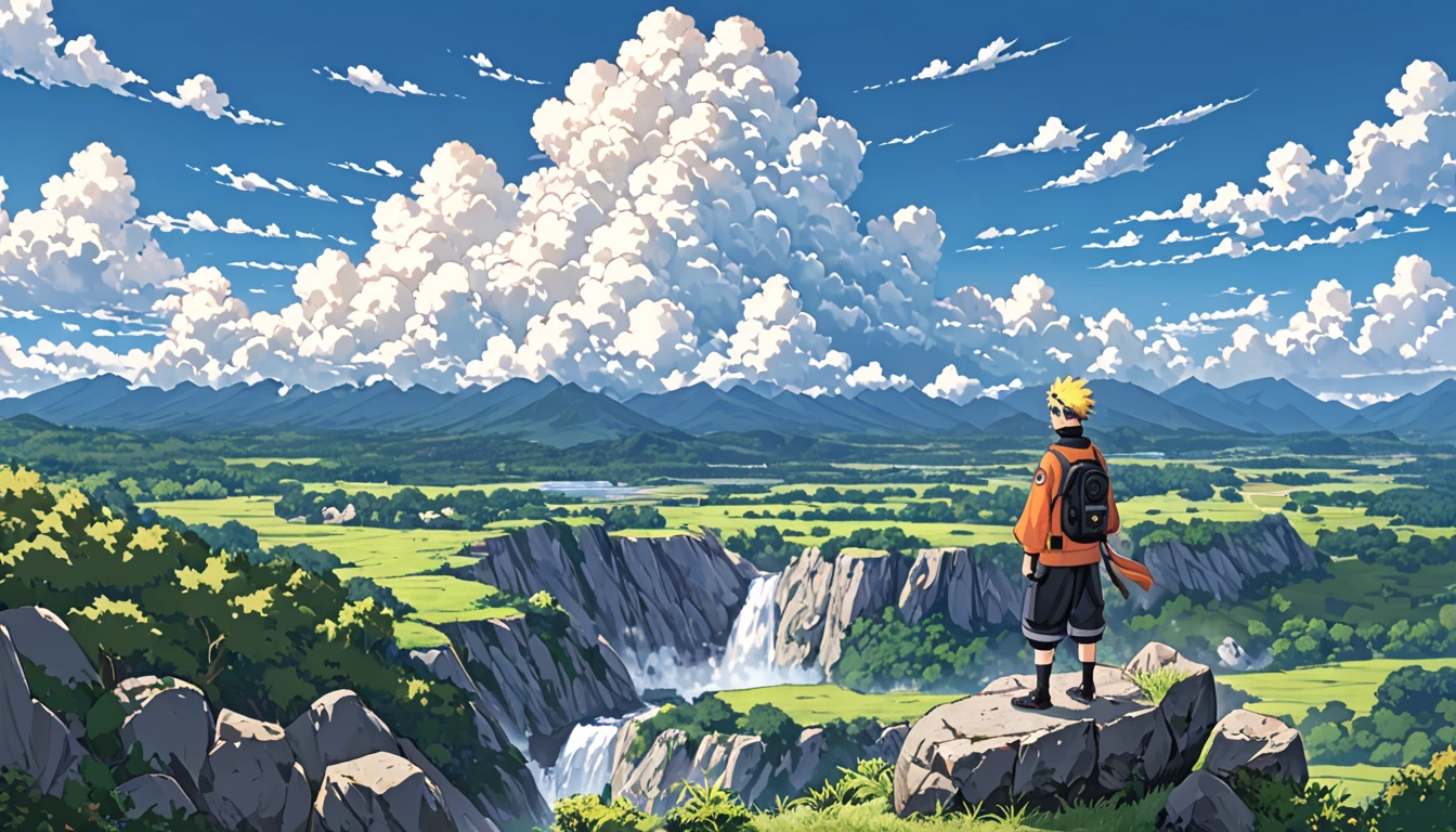 ((Anime: 1.4, Illustration)), (Masterpiece, Top Quality, Best Quality), (Ultra-Detailed, Absolutely Resolution), ((16k, HIGH RES)), ((Naruto)), (Naruto's back as he stands on top of a rocky mountain. Naruto looks small and distant. Blue sky, cumulonimbus clouds, and a valley and river below the rocky mountain), ( Anime: 1.4, Illustration)), (Masterpiece, Top Quality, Best Quality), (Ultra-Detailed, Absolutely Resolution). Ak {Lofi Art, Style of Laurie Greasley, Style of Makoto Shinkai, Anime Aesthetic}, BREAK {(Produces IMAGES WITH ITH INFORMATION THAN 40 Million Pixels with Cinematic-Like Detailed Textures S Hot on a Sony slur).}