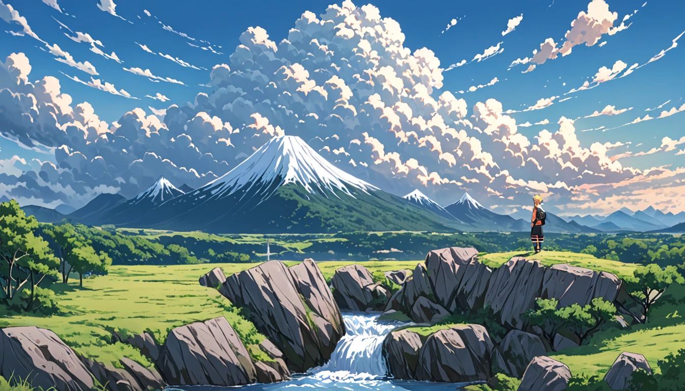 ((Anime: 1.4, Illustration)), (Masterpiece, Top Quality, Best Quality), (Ultra-Detailed, Absolutely Resolution), ((16k, HIGH RES)), ((Naruto)), (Naruto's back as he stands on top of a rocky mountain. Naruto looks small and distant. Blue sky, cumulonimbus clouds, and a valley and river below the rocky mountain), ( Anime: 1.4, Illustration)), (Masterpiece, Top Quality, Best Quality), (Ultra-Detailed, Absolutely Resolution). Ak {Lofi Art, Style of Laurie Greasley, Style of Makoto Shinkai, Anime Aesthetic}, BREAK {(Produces IMAGES WITH ITH INFORMATION THAN 40 Million Pixels with Cinematic-Like Detailed Textures S Hot on a Sony slur).}