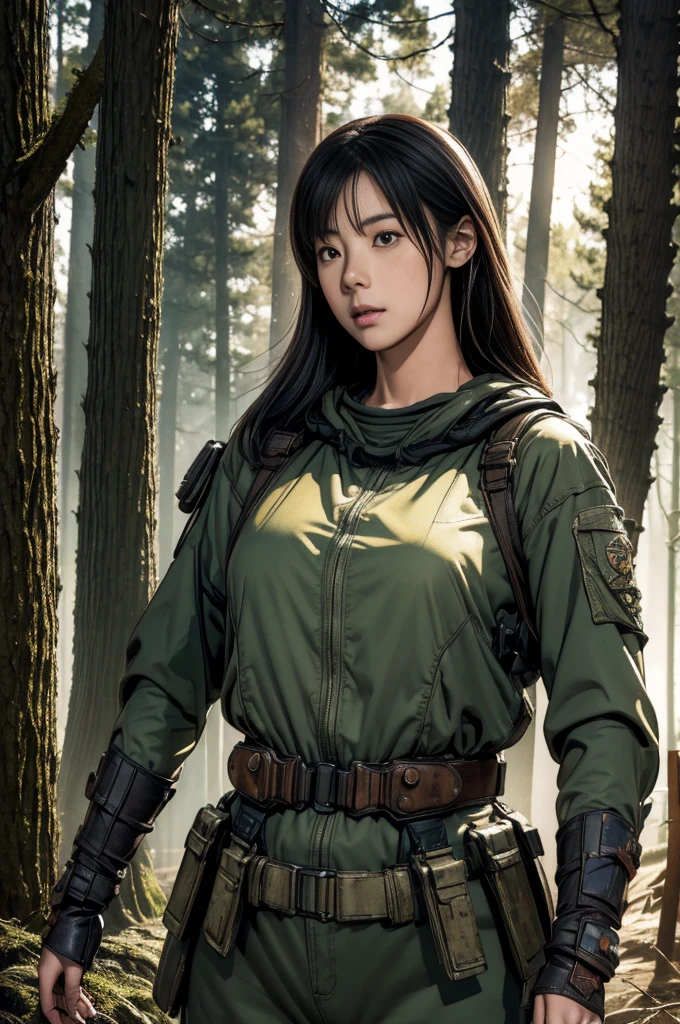 8K, Actual photo, Realistic skin texture, Superrealism, (World War II era), (machinery suit), steampunk, wood々A beautiful forest seen from between the trees, heavy weapons, Vivid texture, Beautiful Hair, Japanese female soldiers, (Super beautiful face), foot, ((All textures are ultra-realistic)), ((Extremely elaborate details))), Full Body Shot, Crystal clear photo results, Olive drab color, scratch, rust, weathered, Sweat, Dynamic action pose, Shot with Fujifilm X-T30 + night. high resolution, Create a minimum of 4 images.