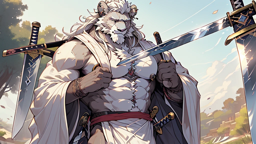 (masterpiece),(highres),(intricate details:1.4),extremely detailed,(illustration:1.2),8k,photorealistic,exquisite,,aged,elder male lion ,muscular,(bishop :1.7),(Ancient Greek mythological style;1.8),(loose white robe:1.6),manhood,safeguard,(white hair:1.3),long hair,long white beard,scar,(badly damaged:1.7),(a sword piercing into his chest:1.9),(bulging crotch:1.8),(homosexual),(naked upper body:1.7),(a serene face:1.9)