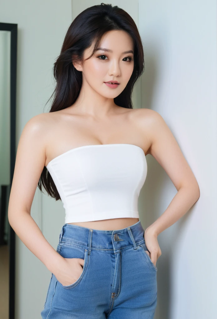 close-up of beautiful Hongkong, Sisley Choi is a Hongkong actress and model, age 27 years old girl, youthful face, white skin body, perfect body, very rapunzel long hair, standard black hair, straight hair, bust size 34 inches, wearing a tight plain standard light white strapless tube top, wearing a tight plain standard blue denim pants, Choi's clothes were cut off by my boyfriend using scissors from the tank top to the tube top to make Choi sigh and tease, strand by strand Choi's clothes fell because they had been cut, the rest of Choi's clothes were scattered at the bottom because they had been cut, Choi's clothes showed off her breasts because they were cut off by my boyfriend so that they looked more sexy and seductive, sexy looking pose, pose a naughty look, pose looks seductive, at the makeup room, makeup room background, UHD