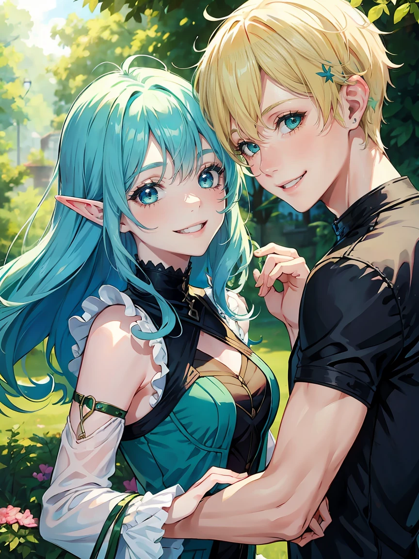 girl  with blue hair playing with a blond haired green eyed  elf boy, close friends, smiling, laughing, younger