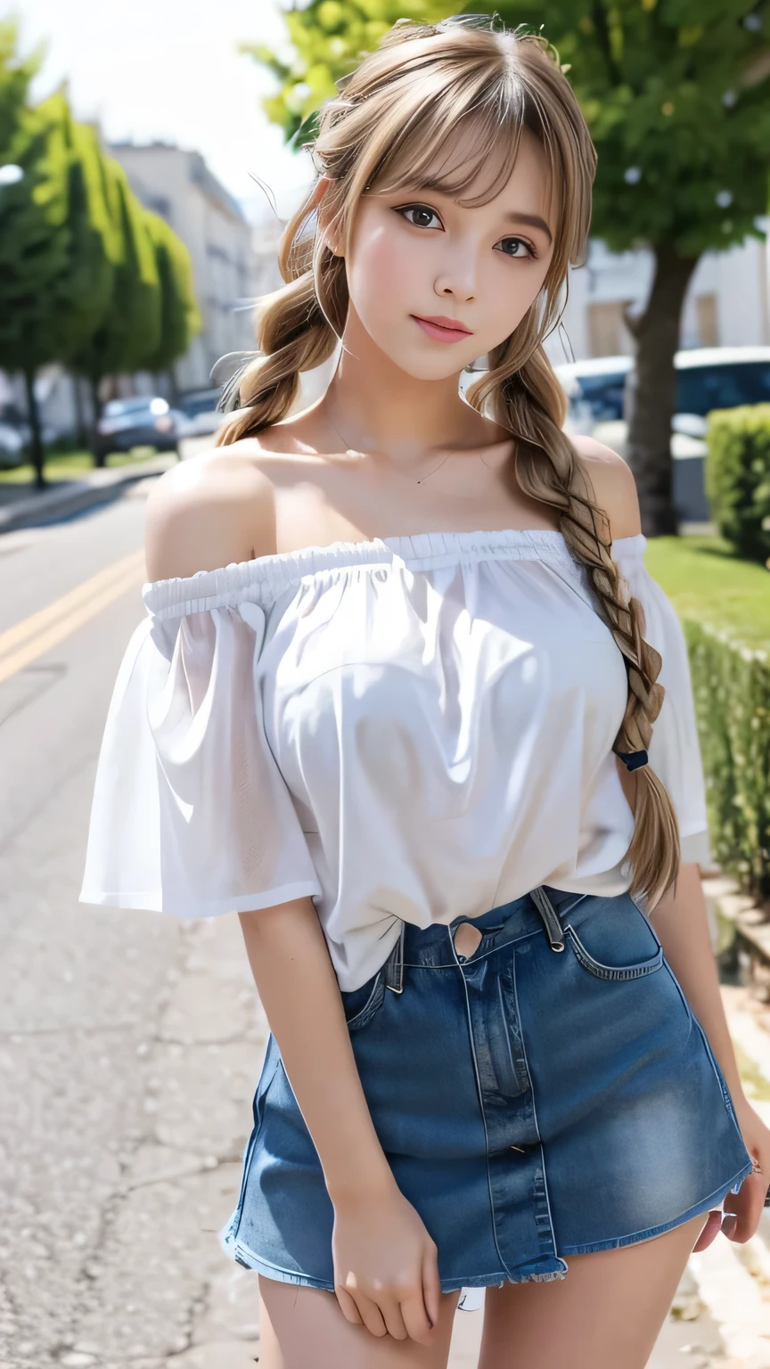 Sexy cute looks and cute 15 year old beautiful girl, Beautiful and sexy face、A strong wind blows my hair in front of my face、Blonde French braids with cute and sexy eyes hidden by long bangs、Off-the-shoulder T-shirt、Tulle miniskirt