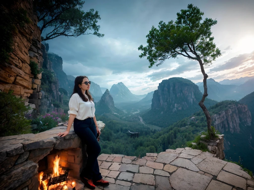 high quality, best quality, photo-realistic, raw-photo, ultra-detailed, High definition, masterpiece, intricate details, detailed texture, finely detailed, portrait of a woman standing next to a fireplace, the woman was wearing a white shirt and jeans, the woman also wore red mountain shoes and sunglasses , mountain views and dense forests