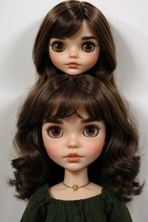 make a blythe doll with green eyes, dark brown hair in layers and medium light brown complexion