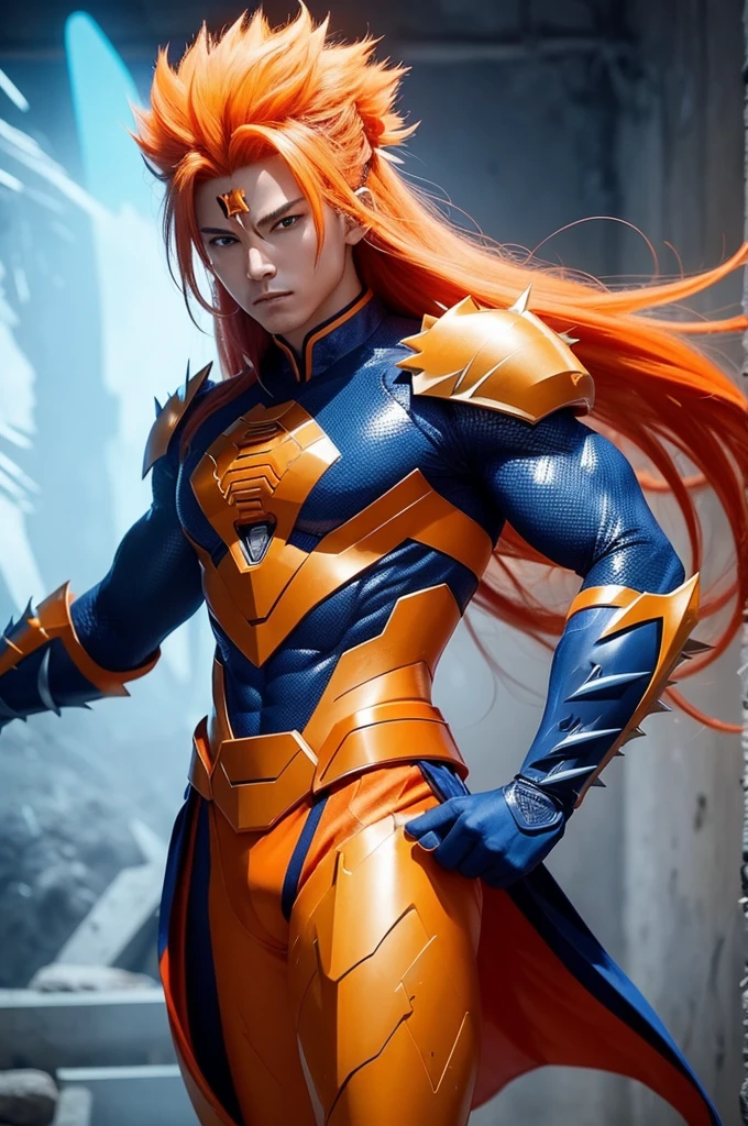 Make a super warrior with long orange spiky hair with a halo around the color blue, he will have an orange to blue outfit and white eyes and in the background the Chinese wall 