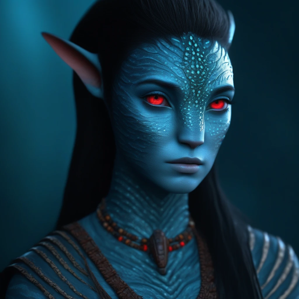 (face portrait), na'vi, female, (red eyes), ((big detailed alien eyes)), ((eyebrowless)), ((pointy ears)), (gray skin tone), (straight hair), black hair color, ((short hair)), (hair with bangs), (young adult), 18 years old, face wrinkles, ((wearing tribal clothing with bones)), (wearing tribal acessories), detailed eyes, dragon scales stripesall over skin, toned body, muscled body, ethereal atmosphere, surrealistic dreamy lighting, textured skin, otherworldly beauty, mesmerizing photography, (best quality, highres), vivid colors, ultrarealistic, skin details, sfw, face close-up,ultradetailed body, (blueish grey skin), dark background, vulcanic lands background