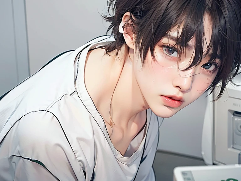 ((masters))、((top-quality))、ultra-detailed CG unity 8k Wallpaper、Incredibly delicate and handsome illustrations、floating、hight resolution、((1boy in))、brown-eyed, brown haired, pink lips, photo realistic, boy, low cut hair, crying face