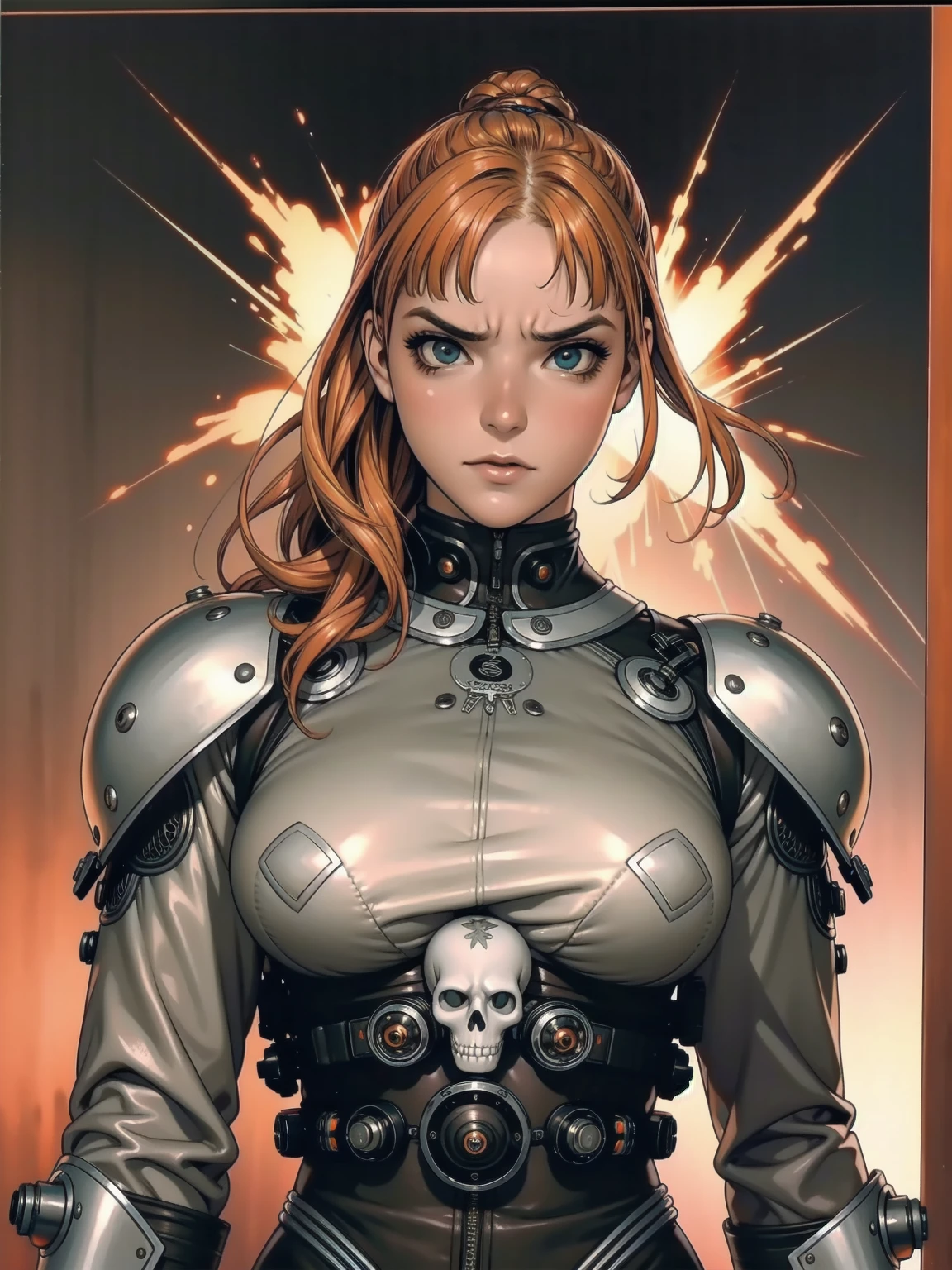 A highly detailed and realistic skull girl,( eyeballs. Taylor Alegria), fully body, cyberpunk character, furious mad max, one-handed robot, Cyborg arm, hair orange, dramatic metal heavy rock theme, best qualityer, 8K, hyper realist, photorrealistic, extremely detailed painting, studio lighting, bright coloured, dark and moody atmosphere, cinematic, dramatic pose, Intricate mechanical details, glowing energy effects, intense sandy textures, Seamless integration of organic and inorganic elements. Wearing the used clothes of a deserter. fund: An apocalyptic desert. Dusty and depressing.