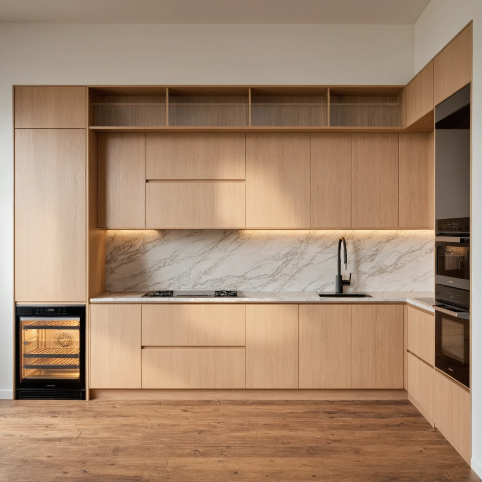 Raw photo,Masterpiece, high quality, best quality, authentic, super detail, interior , sunset, daylight, Kitchen Cabinets style modern, Induction cooker, sink, faucet, oven, built-in microwave, wooden floor