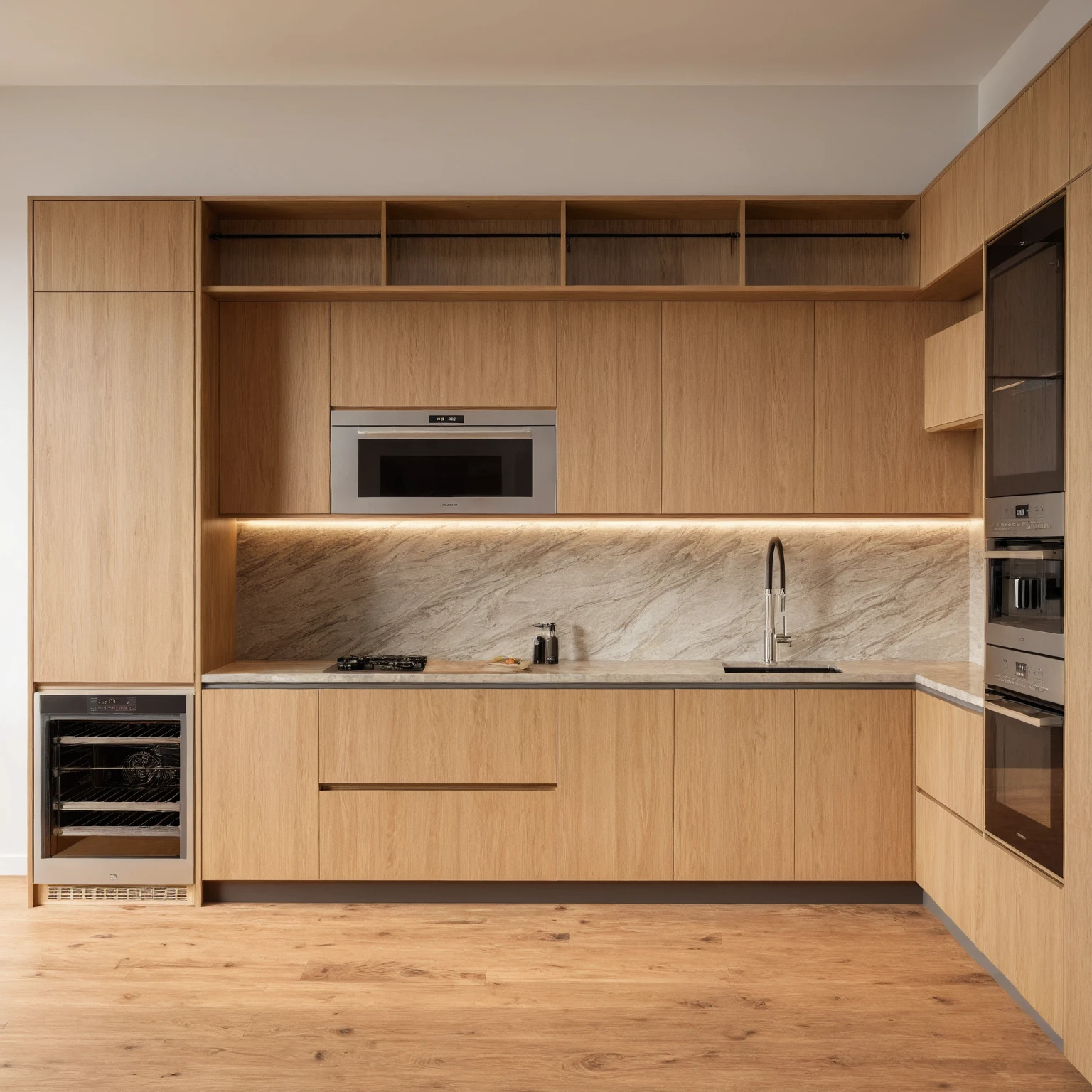Raw photo,Masterpiece, high quality, best quality, authentic, super detail, interior , sunset, daylight, Kitchen Cabinets style modern, Induction cooker, sink, faucet, oven, built-in microwave, wooden floor