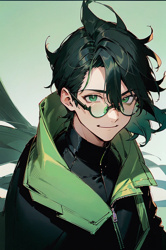 , expressive eyes), 1boy, (anime), (male), (adult), (black hair), green gradient hair, green eyes, black jacket, (green tainted glasses), black gloves. upper body, smiling face, facing towards camera, sunshine on the person, city background