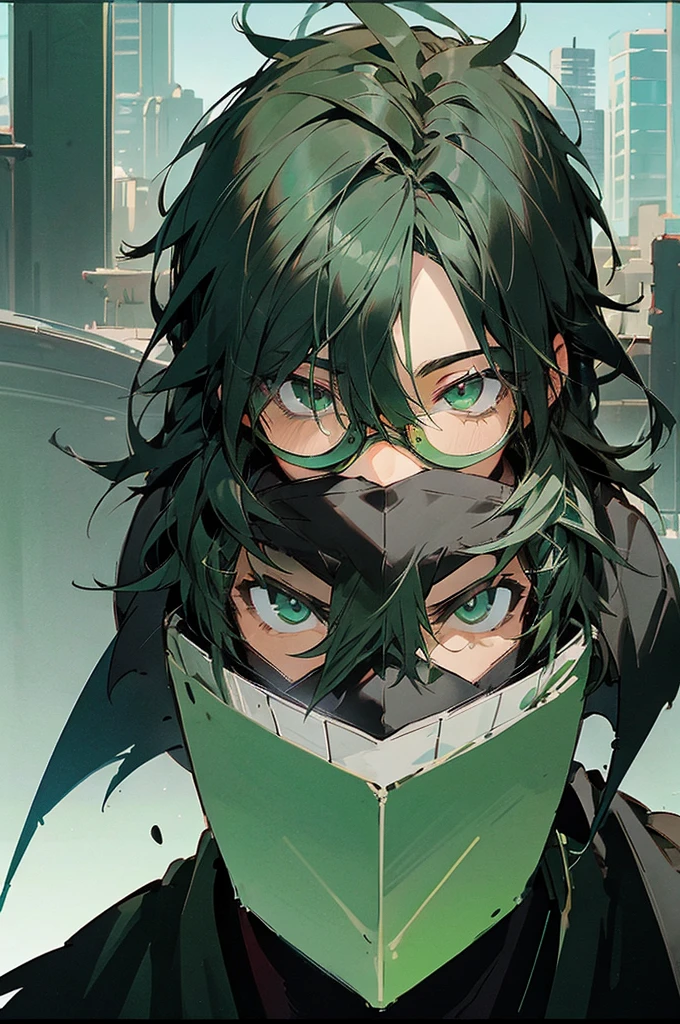 , expressive eyes), 1boy, (anime), (male), (adult), (black hair), green gradient hair, green eyes, black jacket, (green tainted glasses), black gloves. upper body, smiling face, facing towards camera, sunshine on the person, city background
