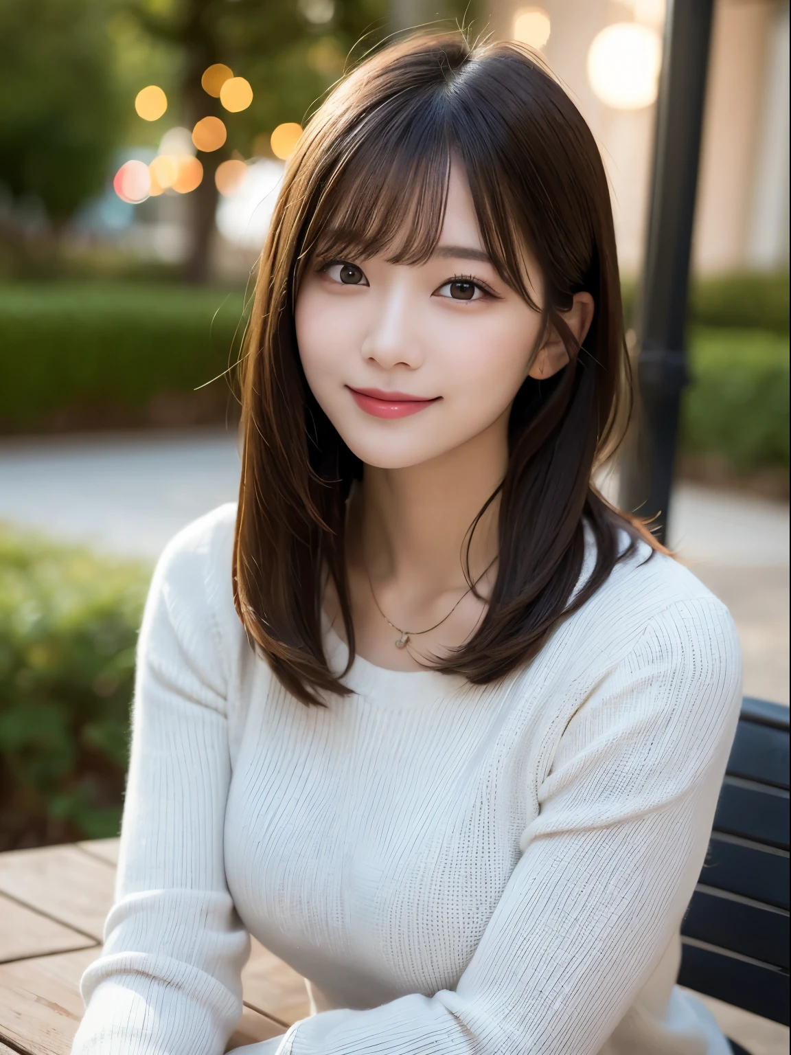 On the table, Highest quality, realism, Fine details, High resolution, 8k wallpaper, Perfect dynamic composition, Beautiful and delicate eyes, Medium Straight Hair, Casual and sexy pose,Random Situation、Light black tight knit sweater、(Beautiful breasts overflowing 1.3)、Bright smile、Bokeh、nature、Age 25、(Droopy Eyes 1.3)、Adult Beauty、Japanese