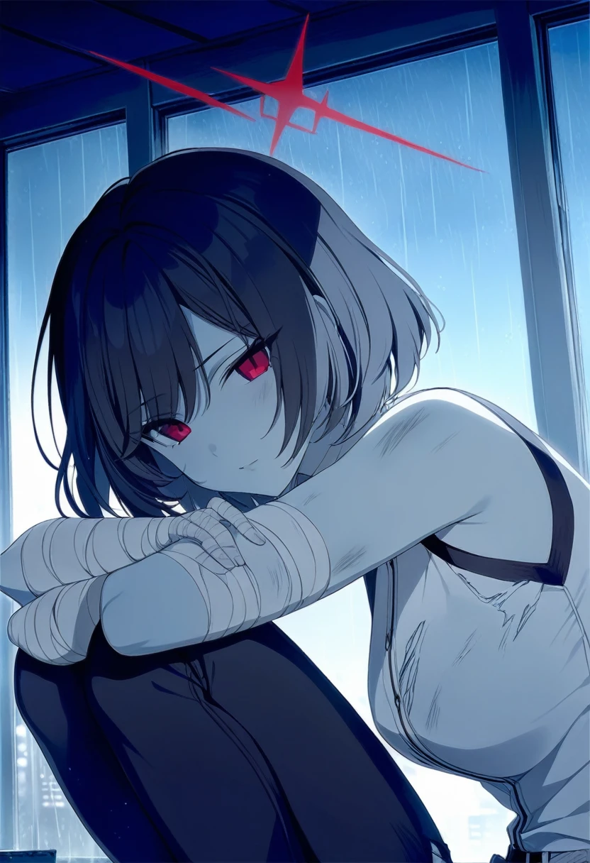 1girl, ciloranko:1.1, taya oco, official art, absurdres, traditional media, best quality, perfect anatomy, solo, halo, torn pants, short hair, red eyes, bandages, pants, bandaged arm, torn clothes, looking at viewer, black hair, rain, black pants, window, red halo, sleeveless, rain against window, blue theme, blue lighting, blue tint, crouching, melancholic, upper body, close-up