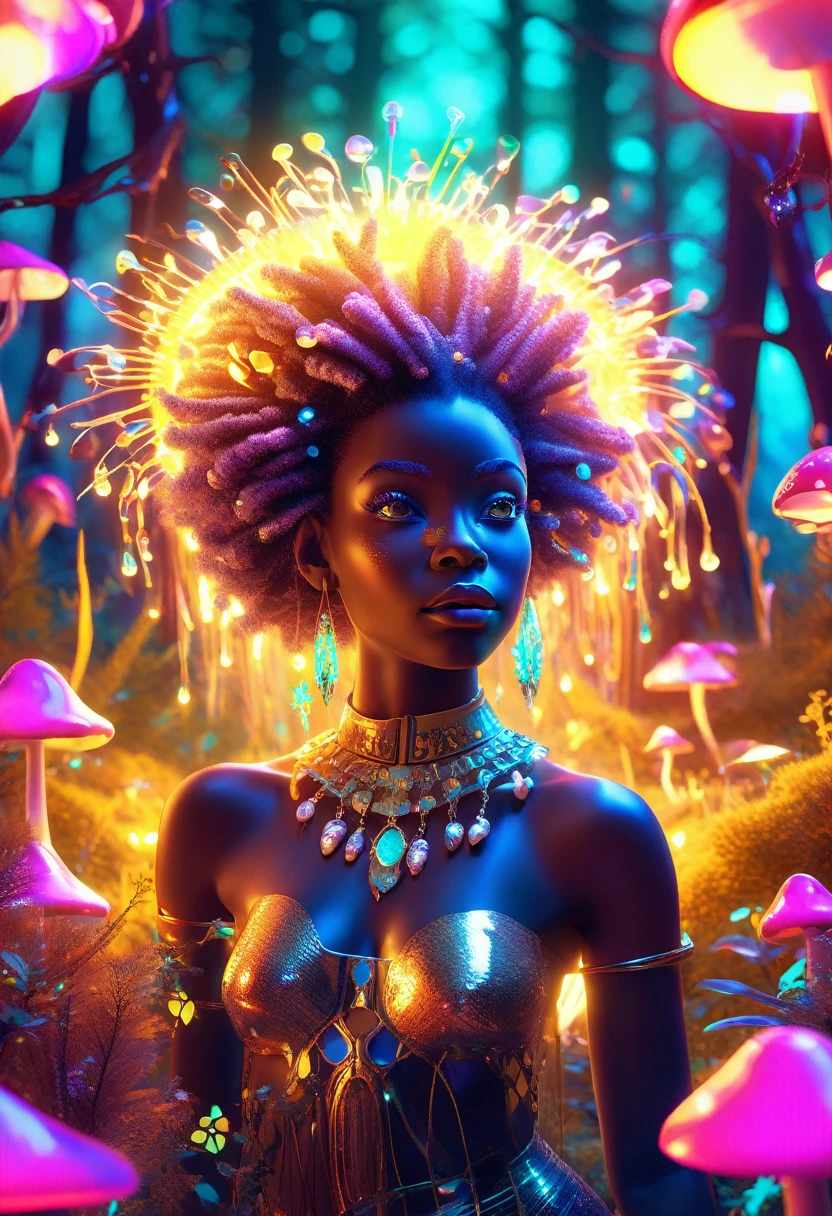 A vibrant 3D render of surrealism art, set against a mystical forest backdrop with glowing neon mushrooms and twinkling fireflies, featuring a bright-eyed young black girl with afro-puffs and colorful dreadlocks, gazing in awe at a stunning mature black woman with luminous skin and ornate golden headdress, admiring her reflection in a mystical mirror surrounded by swirling aurora borealis lights, created using Unreal Engine, Octane Engine, and Vray, with an exaggerated, dreamlike quality reminiscent of Pixar animation, and a ring light that accentuates the warm, vibrant colors of turquoise, emerald green, and amber that pop against the rich, velvety darkness of the forest.