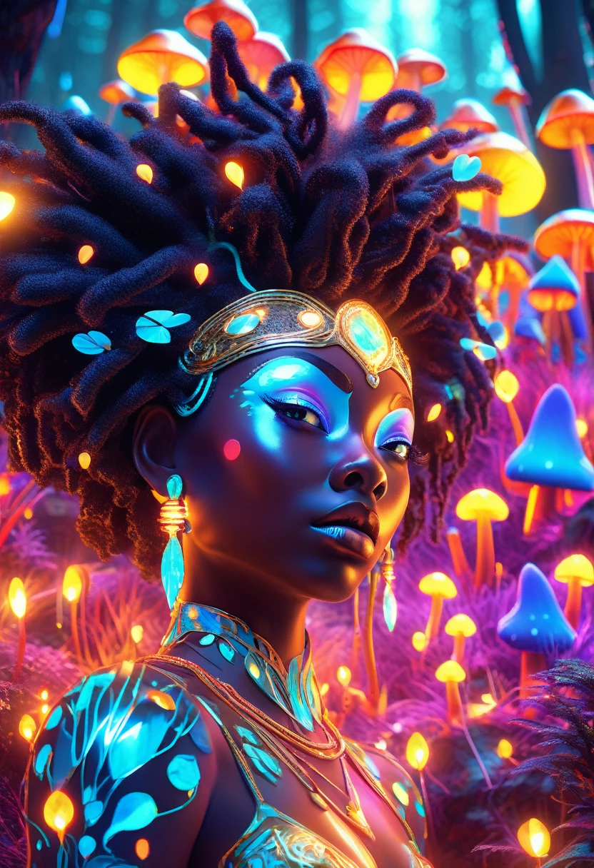 A vibrant 3D render of surrealism art, set against a mystical forest backdrop with glowing neon mushrooms and twinkling fireflies, featuring a bright-eyed young black girl with afro-puffs and colorful dreadlocks, gazing in awe at a stunning mature black woman with luminous skin and ornate golden headdress, admiring her reflection in a mystical mirror surrounded by swirling aurora borealis lights, created using Unreal Engine, Octane Engine, and Vray, with an exaggerated, dreamlike quality reminiscent of Pixar animation, and a ring light that accentuates the warm, vibrant colors of turquoise, emerald green, and amber that pop against the rich, velvety darkness of the forest.