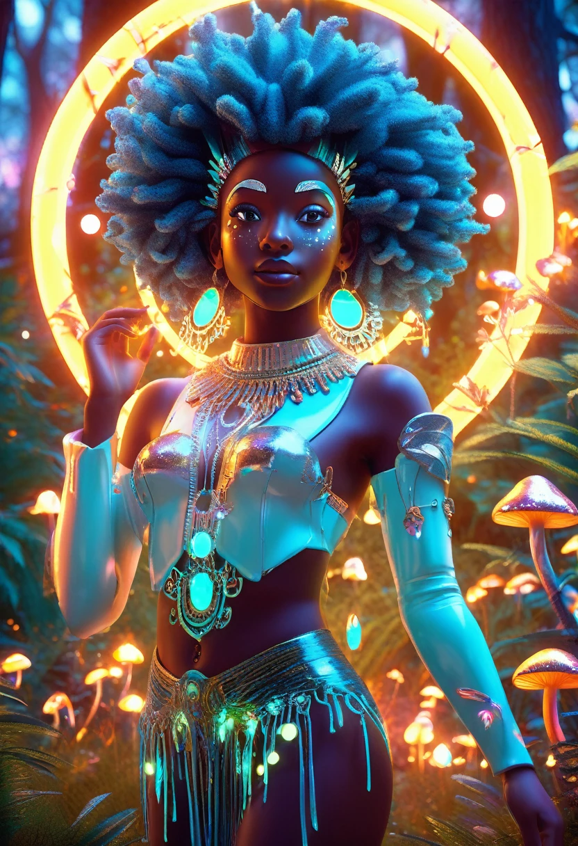 A vibrant 3D render of surrealism art, set against a mystical forest backdrop with glowing neon mushrooms and twinkling fireflies, featuring a bright-eyed young black girl with afro-puffs and colorful dreadlocks, gazing in awe at a stunning mature black woman with luminous skin and ornate golden headdress, admiring her reflection in a mystical mirror surrounded by swirling aurora borealis lights, created using Unreal Engine, Octane Engine, and Vray, with an exaggerated, dreamlike quality reminiscent of Pixar animation, and a ring light that accentuates the warm, vibrant colors of turquoise, emerald green, and amber that pop against the rich, velvety darkness of the forest.
