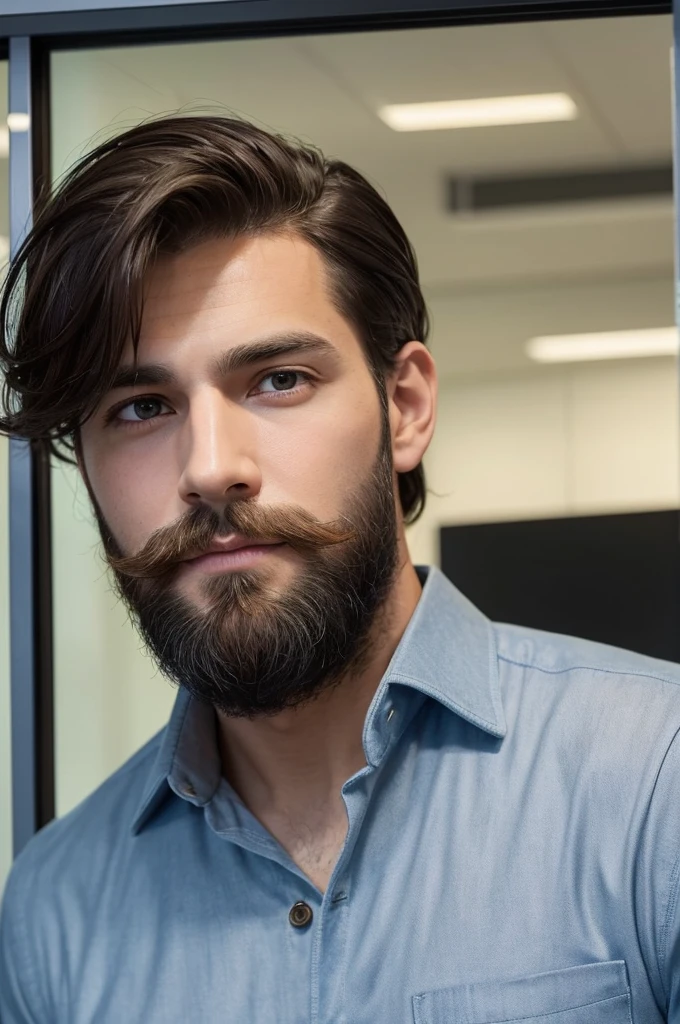 {
"prompt": "Create a realistic illustration of a man in his early 30s, based on the provided photograph. He has short, neatly styled dark hair, a trimmed beard, and a friendly expression. His eyes are sharp and expressive, suggesting intelligence and warmth. He's wearing a casual button-up shirt. The background should be a simple, clean setting, like a modern office or a well-lit room, to keep the focus on the character. Emphasize the natural textures of his hair and skin, and ensure the overall color palette is soft and natural.",