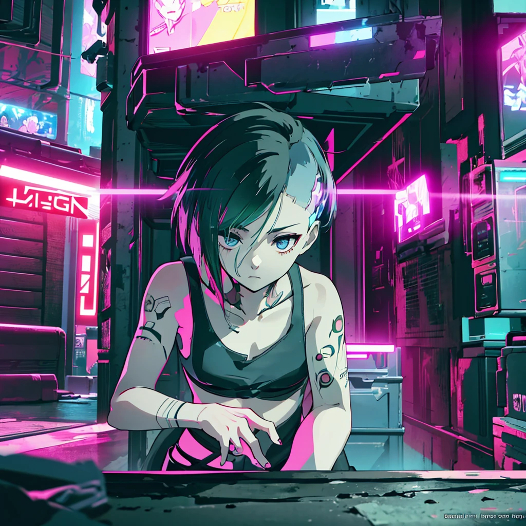 Here is a midjourney AI art prompt for Judy Álvarez in an anime cartoon style:
Judy Álvarez, a skilled braindance techie and Mox gang member, with long black and white hair, a black tank top, and colorful tattoos. She has a determined expression and is holding a futuristic braindance headset. The background is a neon-lit alleyway in Night City's Watson district. Render in an anime cartoon style with vibrant colors, high detail, and a masterpiece quality. Produce in 8K resolution for maximum sharpness.
